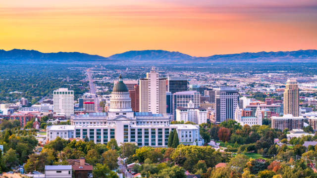 Salt Lake City, Utah, USA downtown city skyline at dusk.