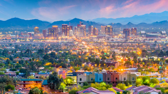 Phoenix, Arizona, USA downtown cityscape at dusk.