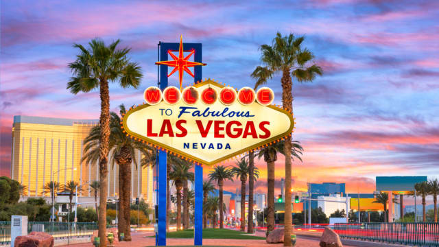 Las Vegas, Nevada, USA at the Welcome to Las Vegas Sign at dusk.