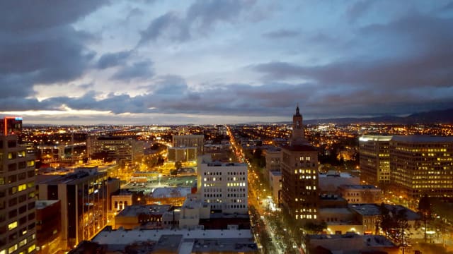 San Jose, Silicon Valley view from downtown to the north and San Jose International Airport at sunset.