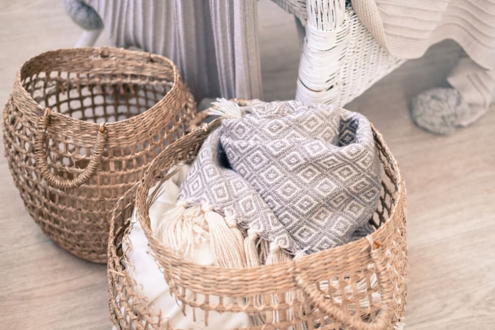 Blankets in wicker basket