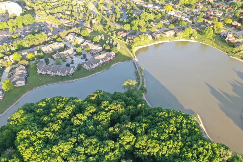  Aerial view of a peninsula located in Sterling Heights Michigan.
