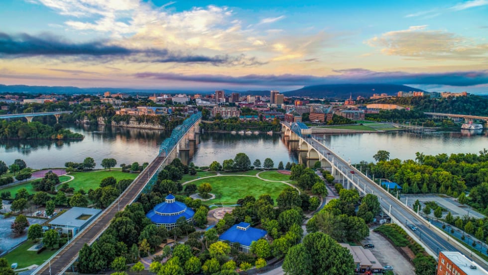 Drone Aerial View of Downtown Chattanooga Tennessee TN Skyline and Tennessee River
