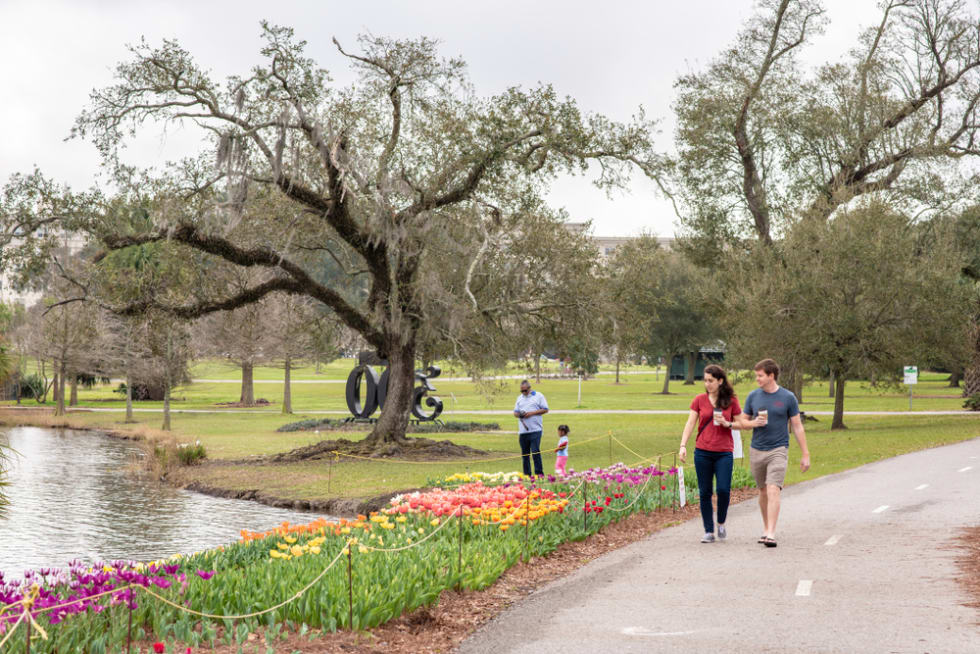 People walking and enjoying the day at the beautiful City Park, which contains gardens, ponds and miles of walking trails in New Orleans, LA