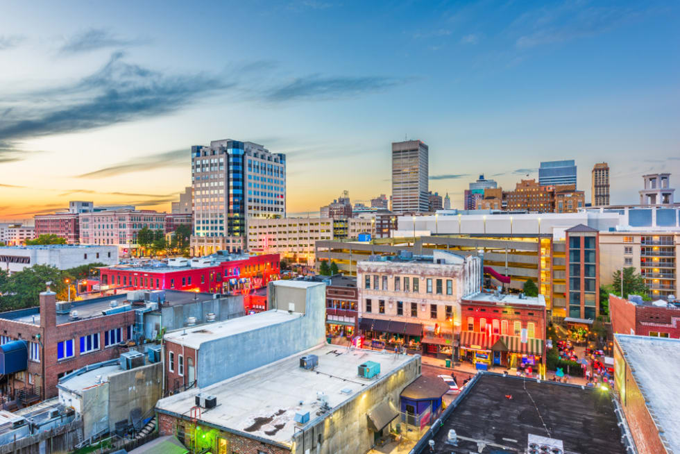 Memphis, Tennesse, USA downtown cityscape at dusk over Beale Street.