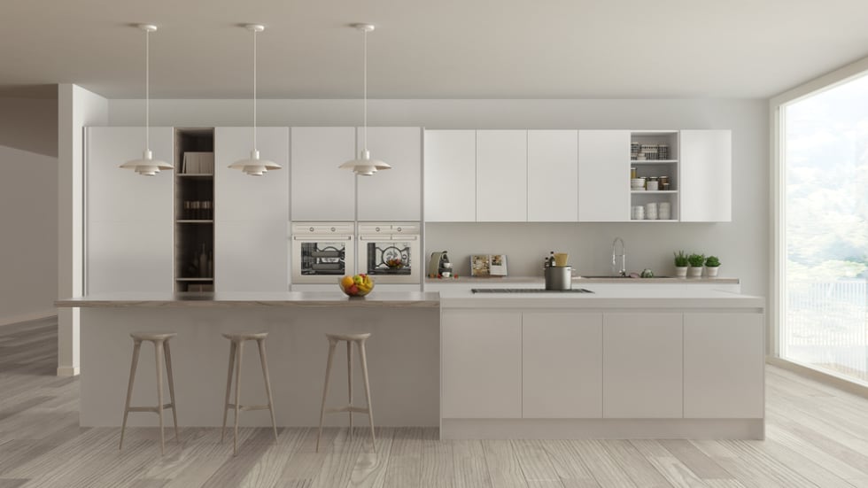Scandinavian white kitchen with wooden and white details, minimalistic interior design