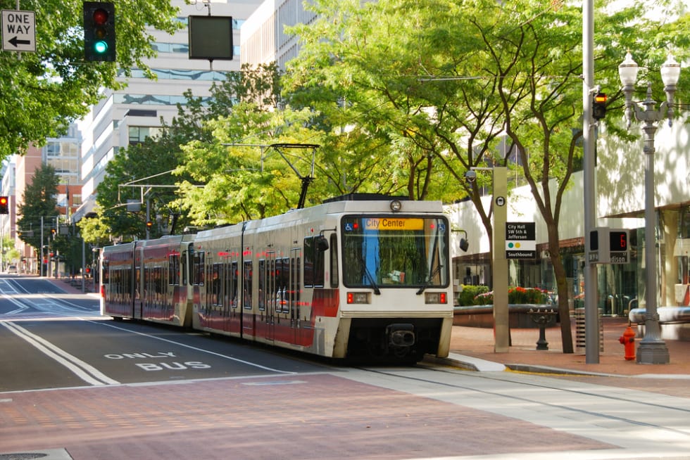 Mass transit train in downtown Portland Oregon