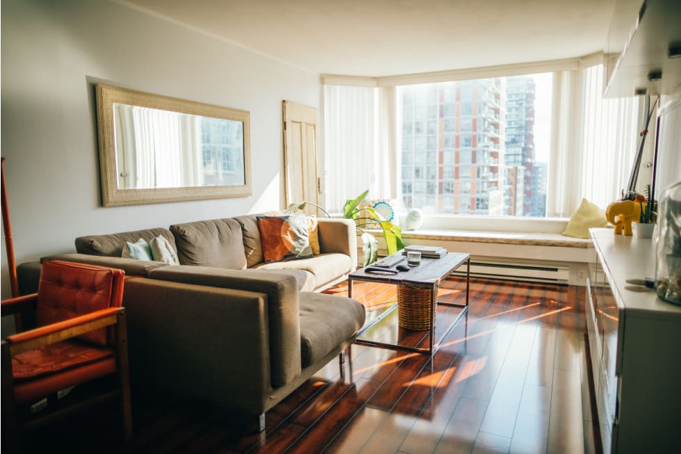 A bright room with striped floors