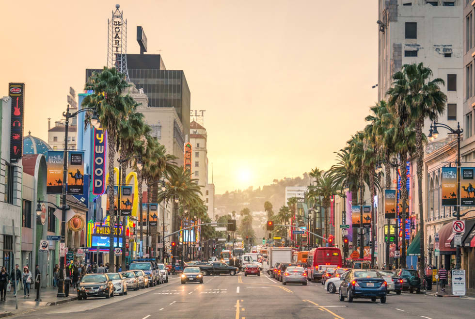 View of Hollywood Boulevard at sunset, Los Angeles