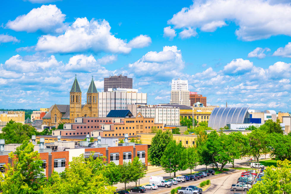  Akron, Ohio, USA downtown city skyline in the daytime.