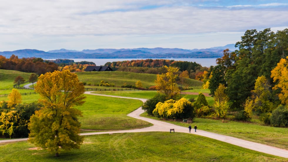view of Lake Champlain and the Adirondack Mountains in New York from Shelburne Farms in Vermont