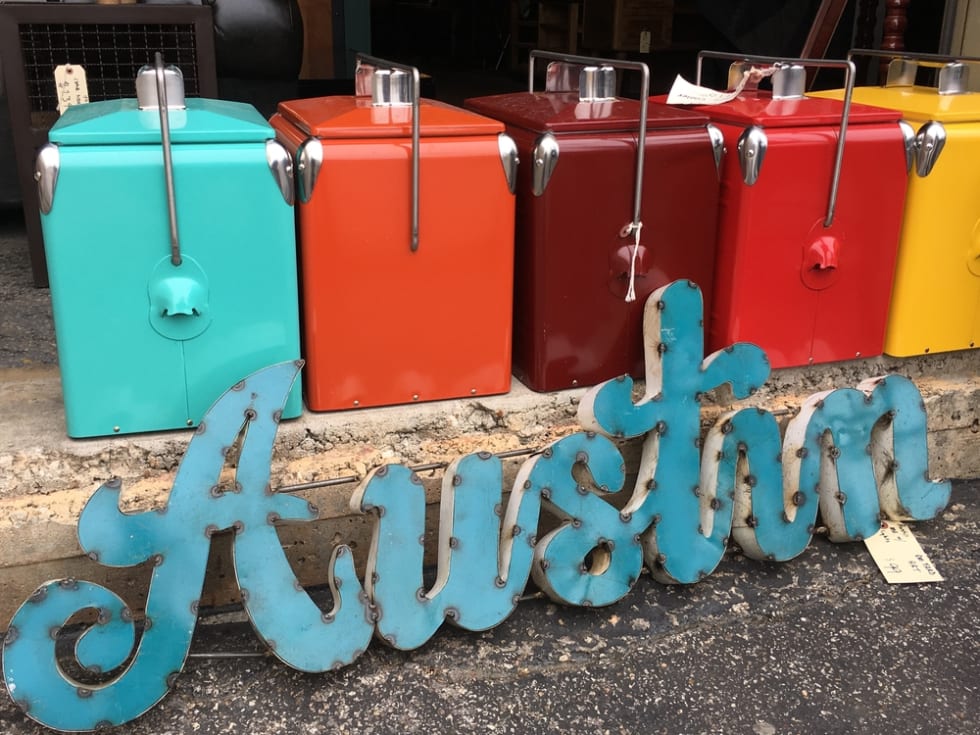 Austin, Texas Metal word letters with Colorful Metal Retro Coolers