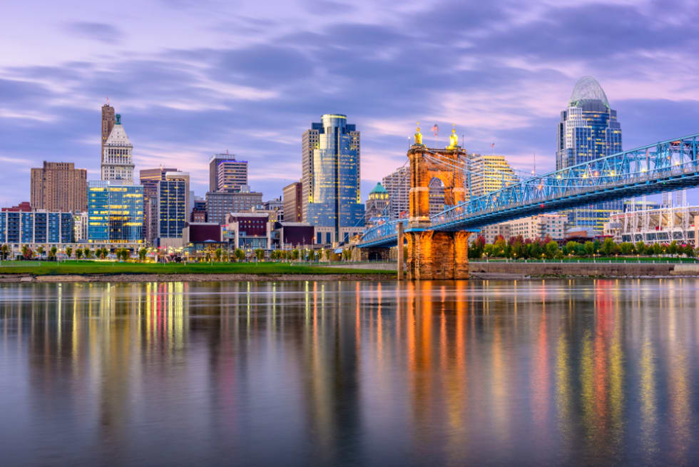 Cincinnati, Ohio, USA downtown skyline and bridge on the river at dusk.