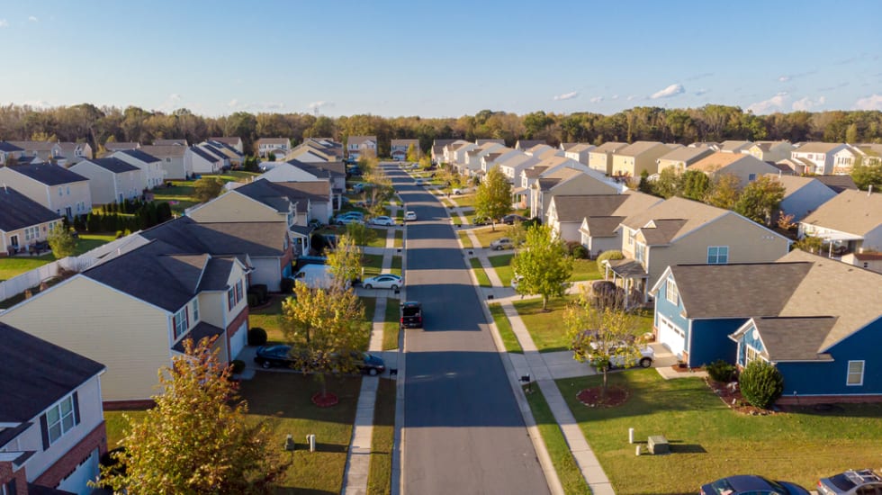 Aerial shot of single homes development on the suburbs of Charlotte in North Carolina.