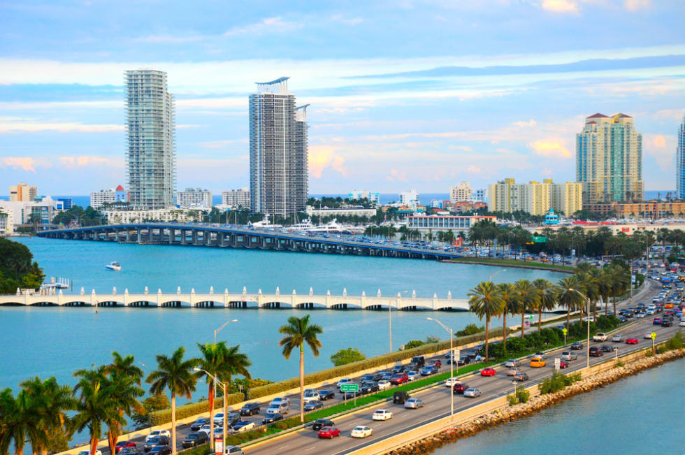Miami panorama with car traffic. Aerial panoramic view Miami.