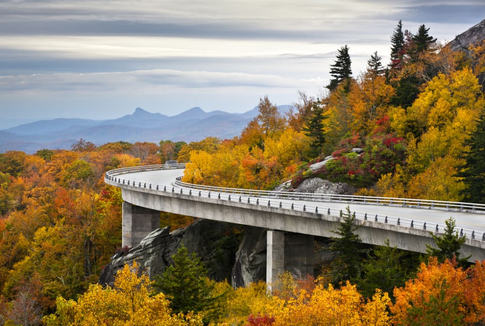 Blue Ridge Parkway Autumn Linn Cove Viaduct Fall Foliage Mountains bridge at Grandfather Mountain