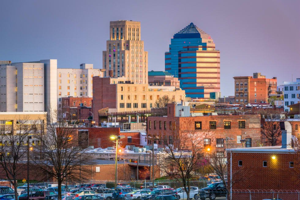 Durham, North Carolina, USA downtown skyline at twilight