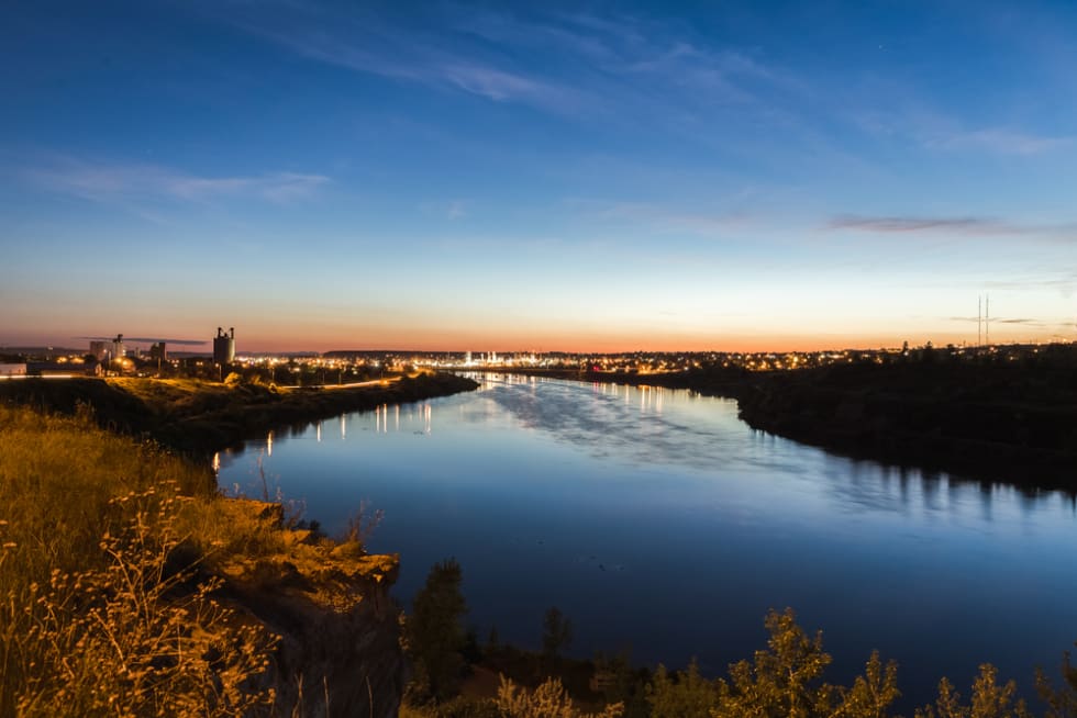 City lights of Great Falls, Montana over the Missouri River.