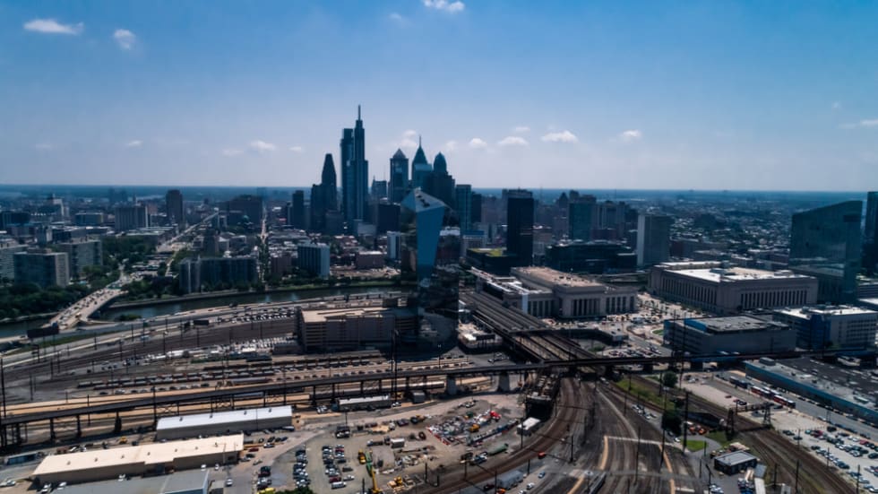 Philadelphia Skyline From the West Side with Railroad Tracks in Foreground