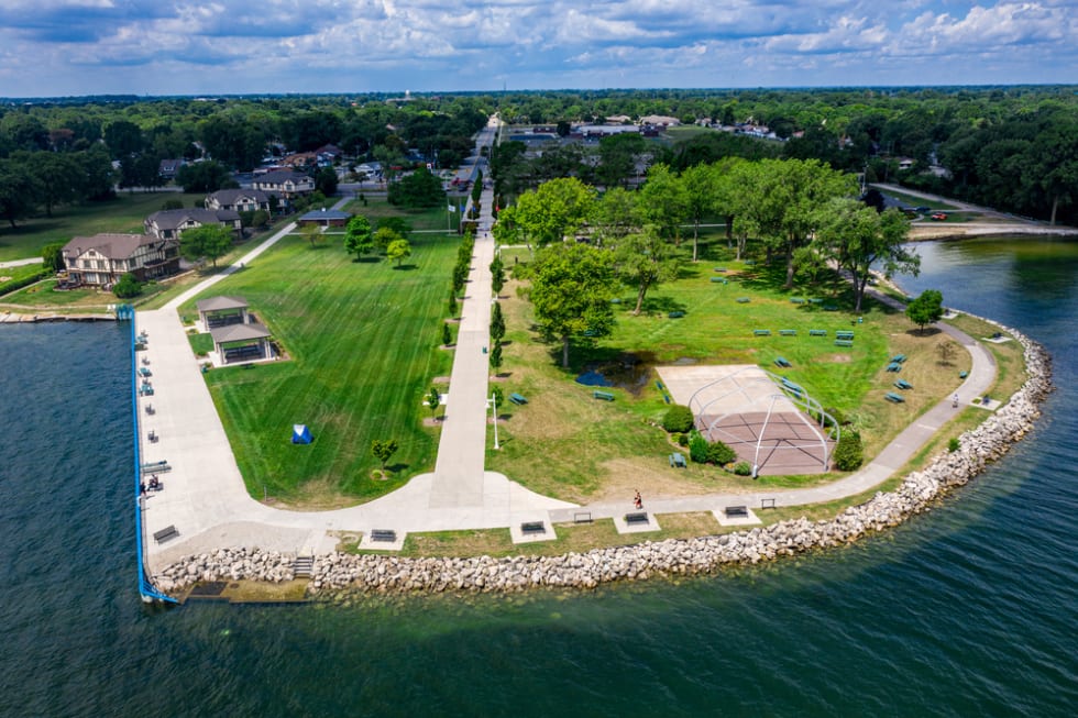  Aerial view of Veterans Memorial Park in Warren Michigan during the summer time.