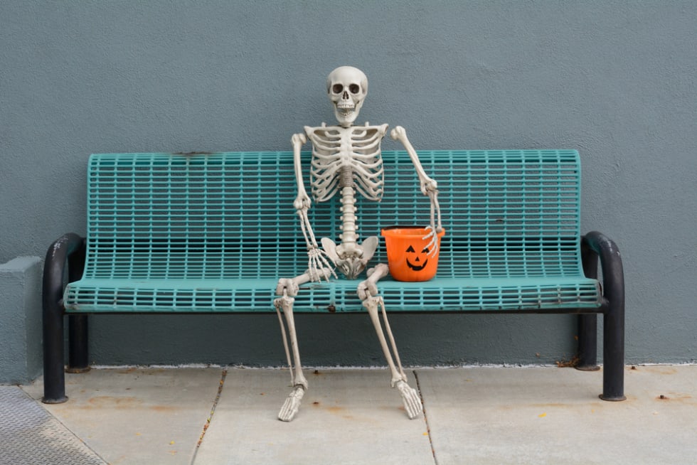 skeleton on a bench