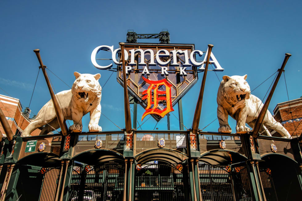 Exterior of Comerica Park home to the Detroit Tigers. The ballpark has a capacity of over 41,000 and replaced Tiger Stadium in the year 2000.