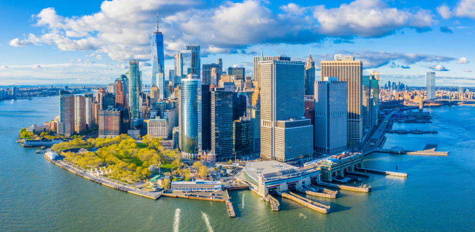 Aerial view of Manhattan Financial District Skyline from New York Harbor