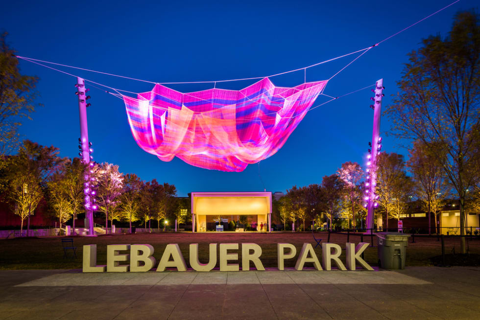  Lebauer Park at night, in downtown Greensboro, North Carolina.