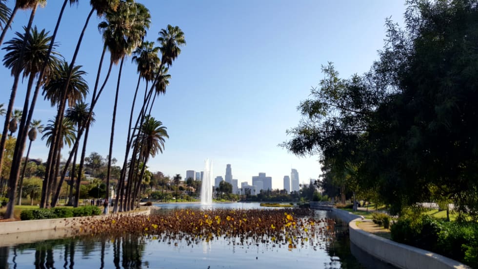 Echo Park, with the Downtown Los Angeles skyline in the background