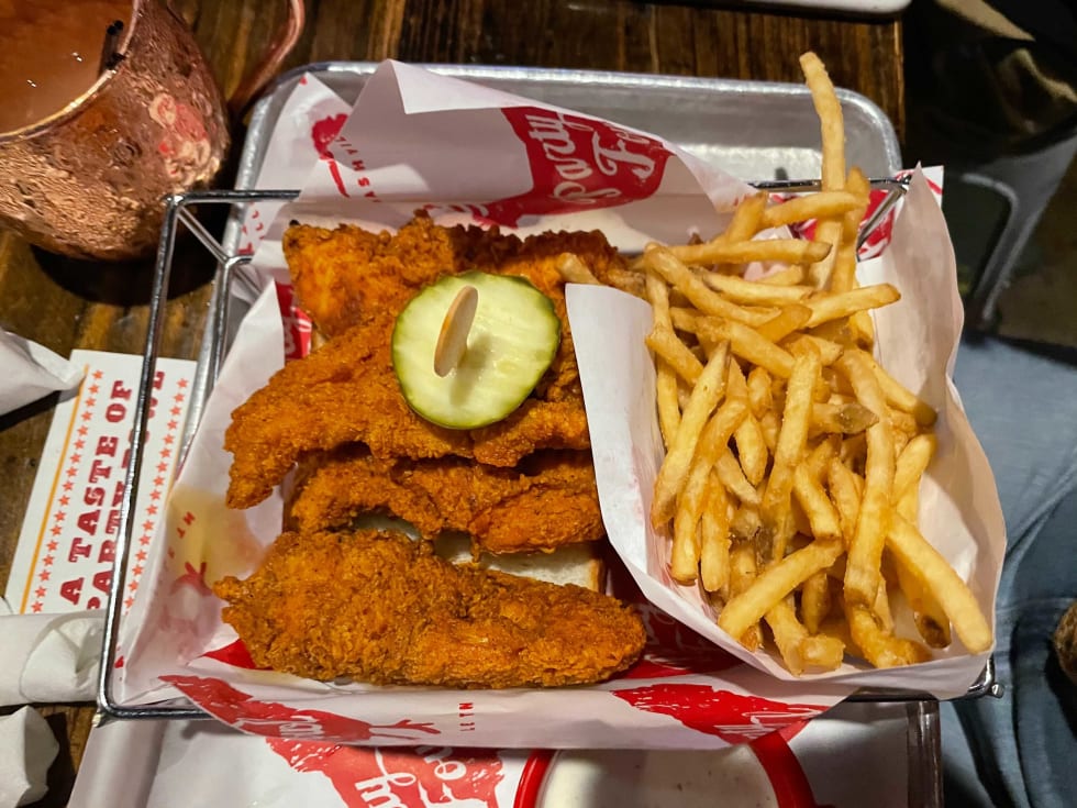 Hot chicken and fries from Nashville, TN