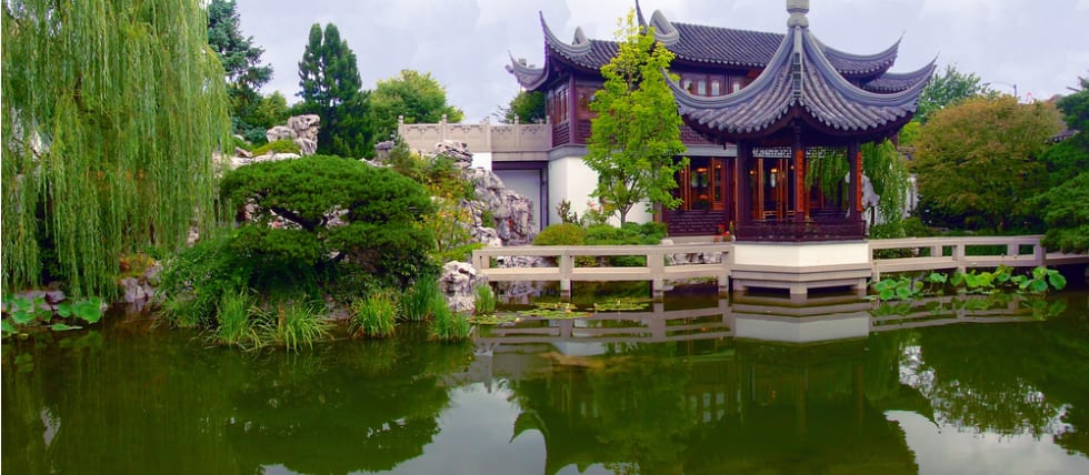 Chinese pagoda with reflection in water in portland OR