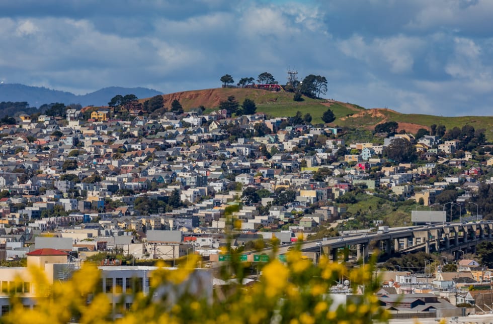  San Francisco springtime skyline towards Bernal Heights neighborhood with blooming yellow flowers in the foreground