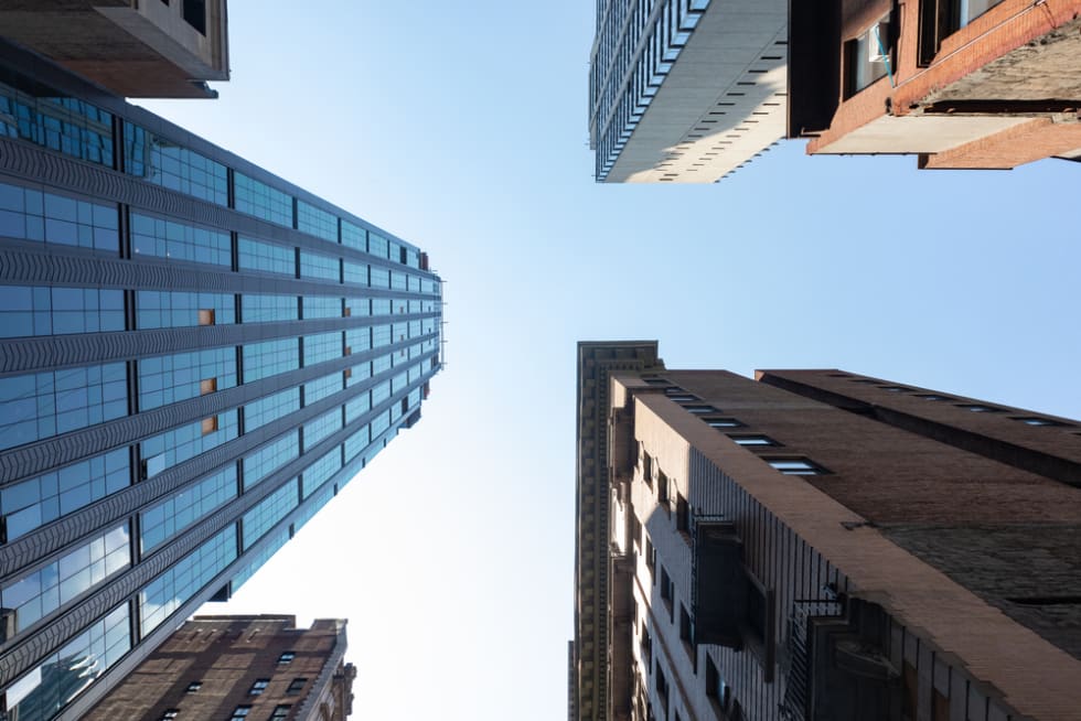  Looking up at Modern and Old Skyscrapers in Kips Bay of New York City