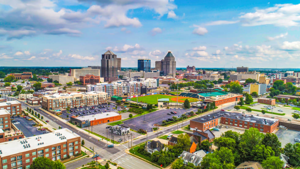 Drone Aerial of Downtown Greensboro North Carolina NC Skyline
