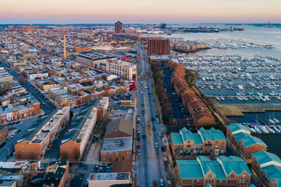  Aerial view of Boston Street and the Canton Waterfront, in Baltimore, Maryland.