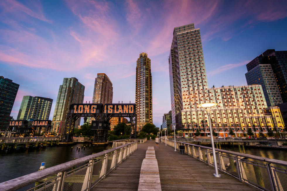 Pier and Long Island City at sunset, seen from Gantry Plaza State Park, 