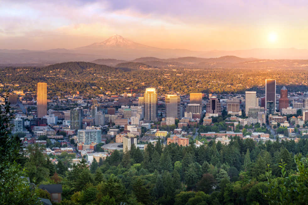 Downtown Portland, Oregon at sunset from Pittock Mansion