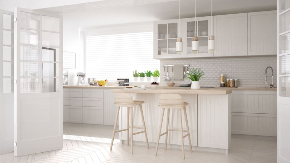 Scandinavian classic kitchen with wooden and white details, minimalistic interior design 3d illustration