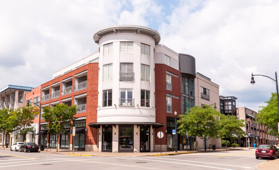 Pittsburgh, Pennsylvania,  A building with retail shops and offices on a corner lot in the South Side Works complex