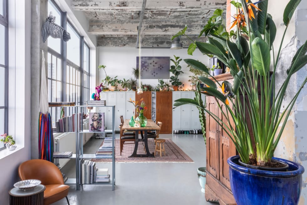 An industrial city loft interior on Strijp S. A bohemian, modern, mix and match eclectic styled home with plants. Home decoration inspiration