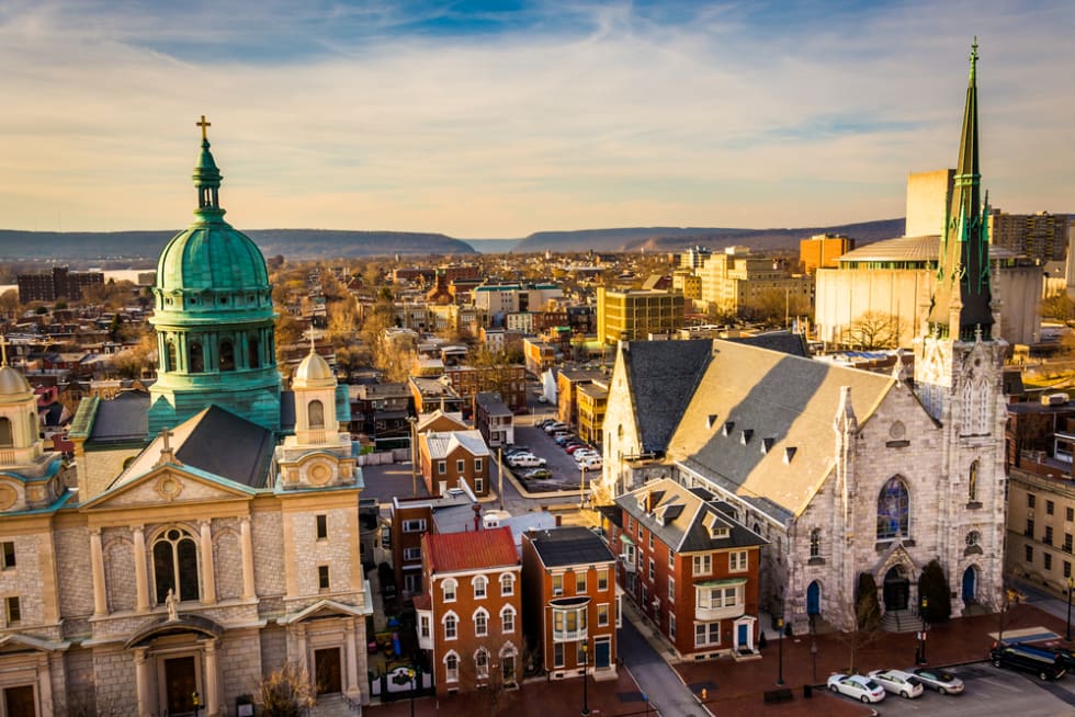 The churches and neighborhoods seen from the South Street Parking Garage in Harrisburg, Pennsylvania.