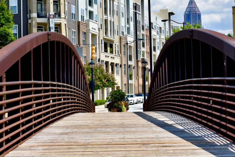 Bridge crossing lake at Atlantic Station in Midtown Atlanta