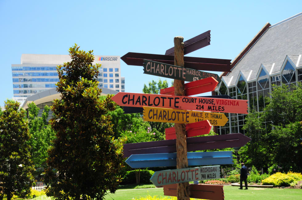 A "Charlotte" directional sign sculpture in Uptown Charlotte