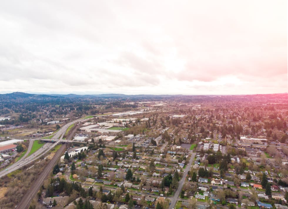 The skyline of Beaverton, Oregon, USA, at sunset, a suburb