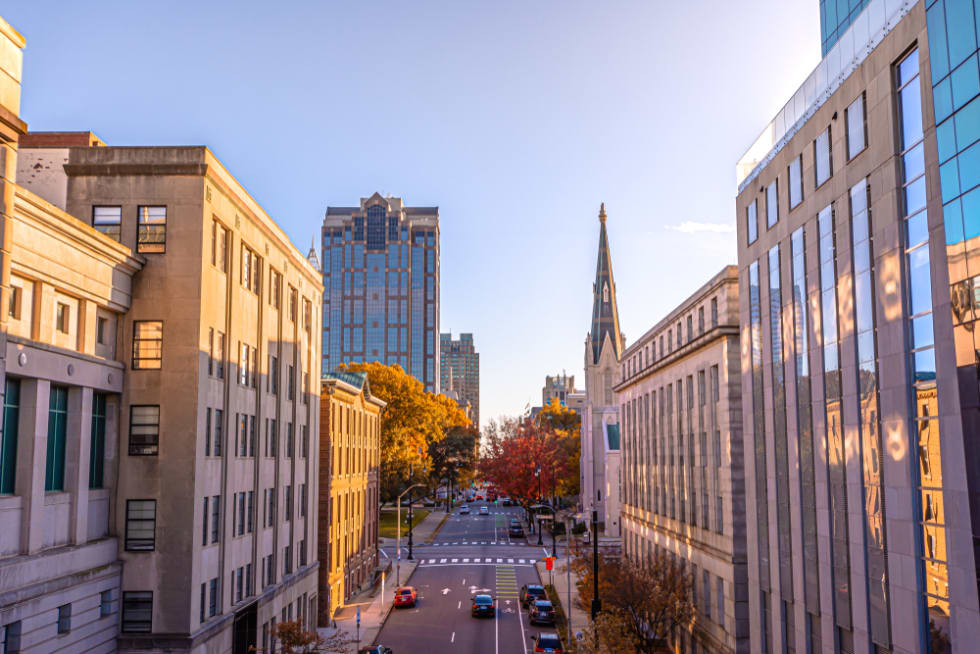  View of Downtown Raleigh at North Salisbury Street in fall season at sunset time,North Carolina,USA.