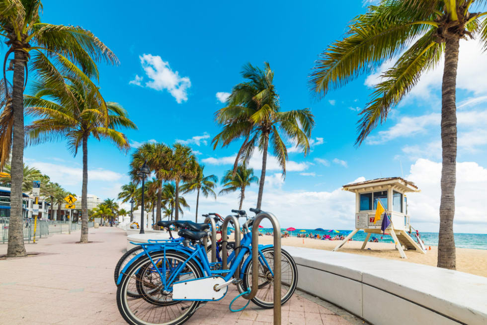 Bicycles parked on Fort Lauderdale seafront. Southern Florida, USA
