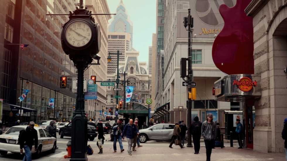 Pedestrians walking on Market Street in Philadelphia