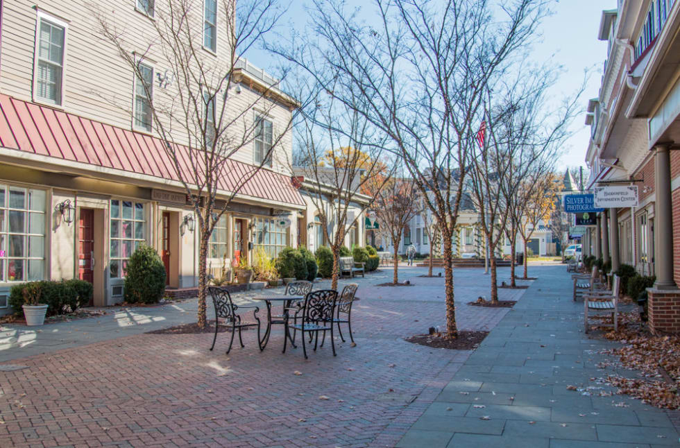 MOORESTOWN, NJ - DECEMBER 1st, 2017: old american small town street overview, typical colonial houses