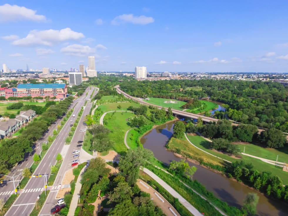 Aerial view of west-central area in Houston from Buffalo Bayou Park