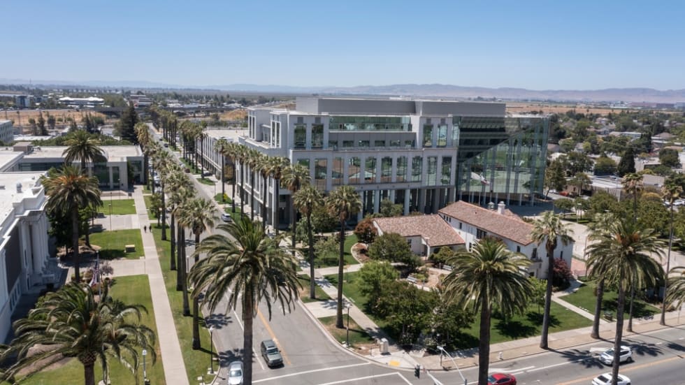 Daytime aerial view of historic city center of Fairfield, California, USA